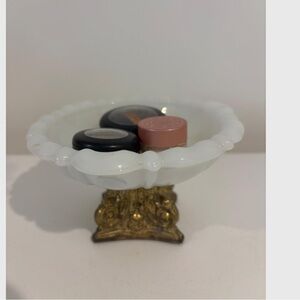 Vintage milk glass soap dish candy dish on pedestal White and Gold trinket Dish